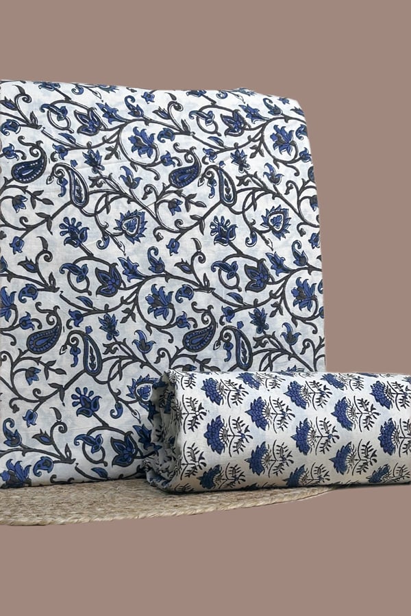 White - 2pc Ajrakh HandCrafted Cotton Top and Bottom Cotton Fabric Set White - 2pc Ajrakh HandCrafted Cotton Top and Bottom Cotton Fabric Set - Image 1