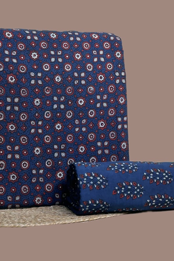 Blue - 2pc Ajrakh HandCrafted Cotton Top and Bottom Cotton Fabric Set Blue - 2pc Ajrakh HandCrafted Cotton Top and Bottom Cotton Fabric Set - Image 1