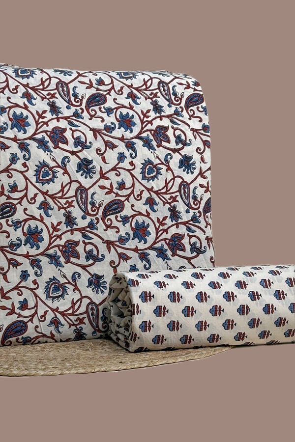 White - 2pc Ajrakh HandCrafted Cotton Top and Bottom Cotton Fabric Set White - 2pc Ajrakh HandCrafted Cotton Top and Bottom Cotton Fabric Set - Image 1