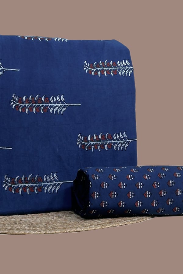 Blue - 2pc Ajrakh HandCrafted Cotton Top and Bottom Cotton Fabric Set Blue - 2pc Ajrakh HandCrafted Cotton Top and Bottom Cotton Fabric Set - Image 1