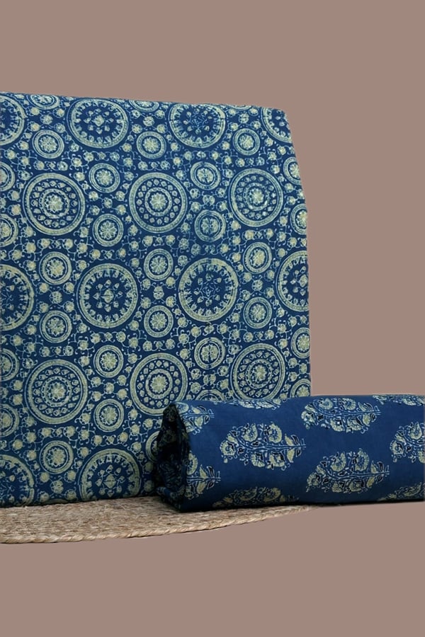 Blue - 2pc Ajrakh HandCrafted Cotton Top and Bottom Cotton Fabric Set Blue - 2pc Ajrakh HandCrafted Cotton Top and Bottom Cotton Fabric Set - Image 1