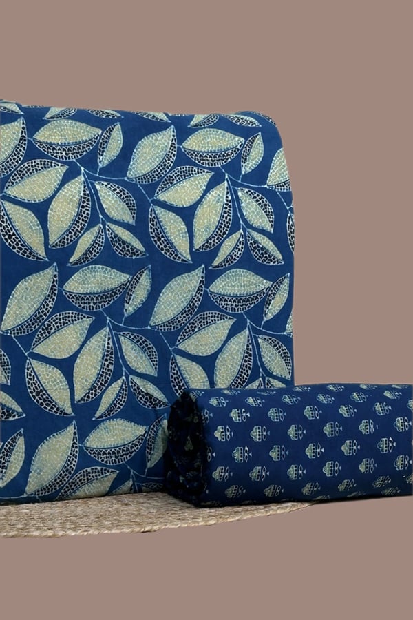 Blue - 2pc Ajrakh HandCrafted Cotton Top and Bottom Cotton Fabric Set Blue - 2pc Ajrakh HandCrafted Cotton Top and Bottom Cotton Fabric Set - Image 1