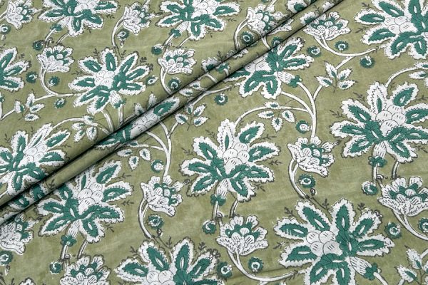 Mehendi Green – Floral Handblock Printed 100% Pure Cotton Fabric