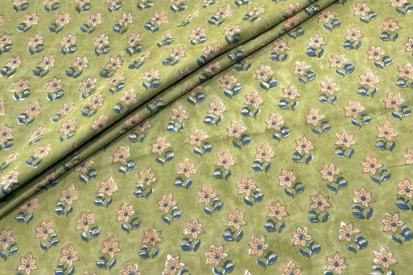 Pre-Cut 1m Pista Green – Floral Handblock Printed 100% Pure Cotton Fabric