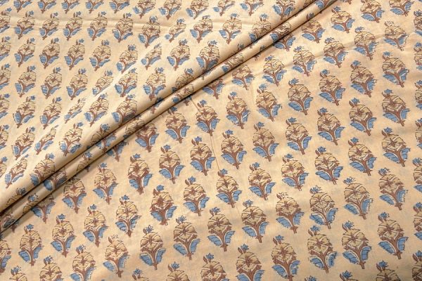 Sand Beige – Floral Handblock Printed 100% Pure Cotton Fabric
