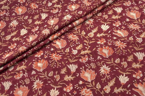 Maroon Red – Floral Handblock Printed 100% Pure Cotton Fabric