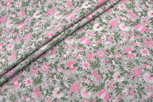 Pre-Cut 2m Pastel Mint Green – Floral Handblock Printed 100% Pure Cotton Fabric