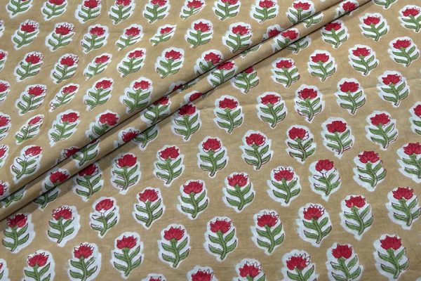 Warm Beige – Floral Handblock Printed 100% Pure Cotton Fabric