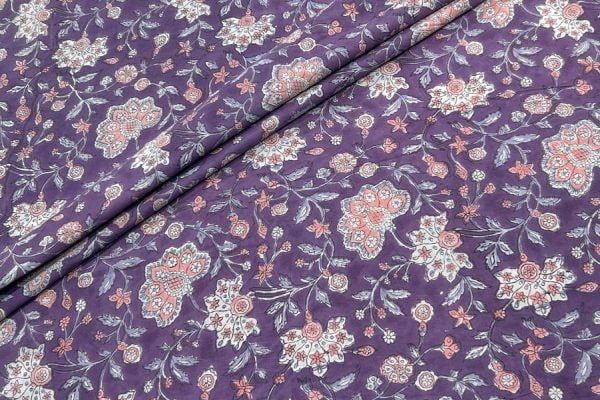 Plum Purple – Floral Handblock Printed 100% Pure Cotton Fabric