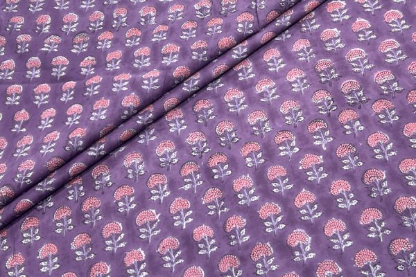 Pre-Cut 0.60m Plum Purple – Floral Handblock Printed 100% Pure Cotton Fabric