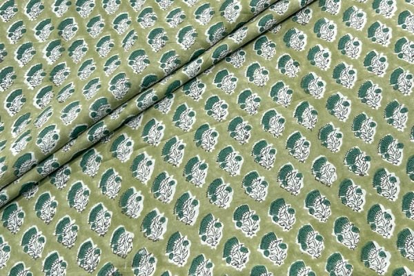 Olive Green – Floral Handblock Printed 100% Pure Cotton Fabric