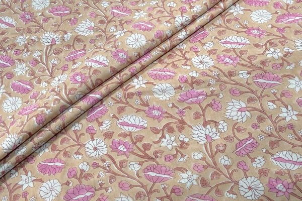Blush Peach – Floral Handblock Printed 100% Pure Cotton Fabric
