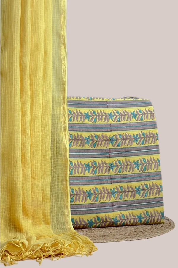 Yellow - 2pc Kota Doria Dupatta and Pure Soft Cotton Blockprint Top Fabric Set Yellow - 2pc Kota Doria Dupatta and Pure Soft Cotton Blockprint Top Fabric Set - Image 1