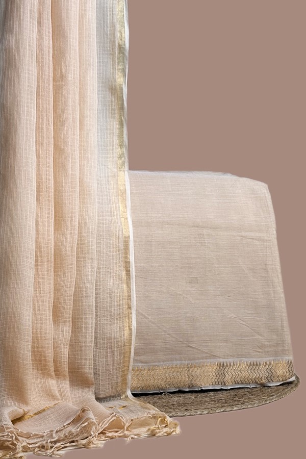 Beige - 2pc Kota Doria Dupatta and Mangalgiri Zari Border Handwoven Pure Cotton Set Beige - 2pc Kota Doria Dupatta and Mangalgiri Zari Border Handwoven Pure Cotton Set - Image 1