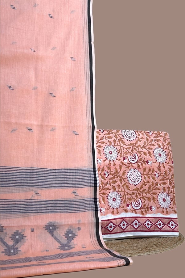 Orange - 2pc Handloom Cotton Dupatta and Blockprinted Soft Cotton Top Set