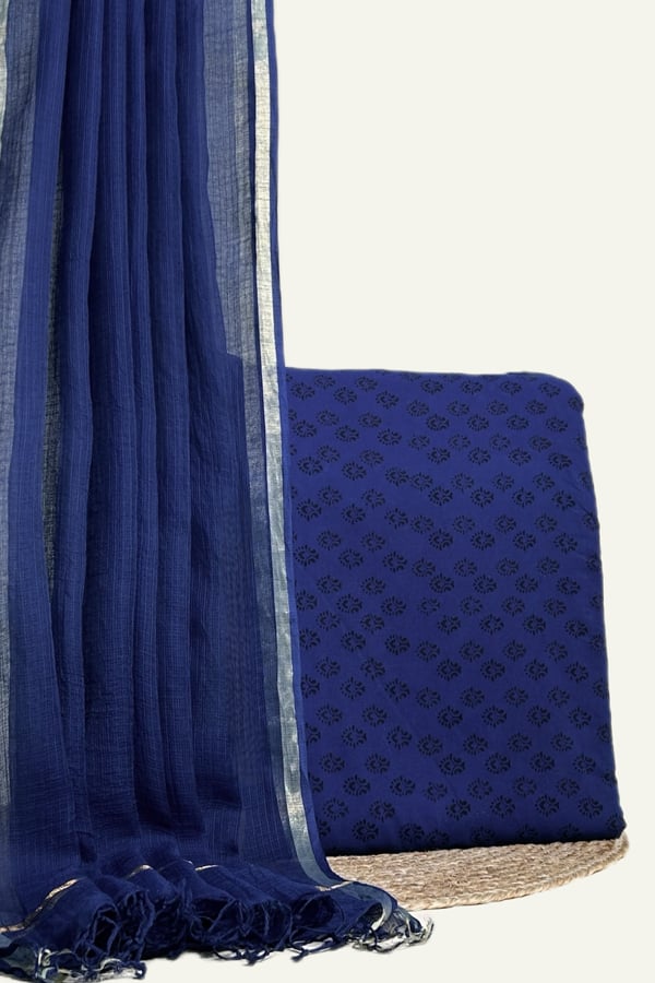 Blue - 2pc Kota Doria Dupatta and Bagh Blockprint Top Cotton Fabric Set Blue - 2pc Kota Doria Dupatta and Bagh Blockprint Top Cotton Fabric Set - Image 1
