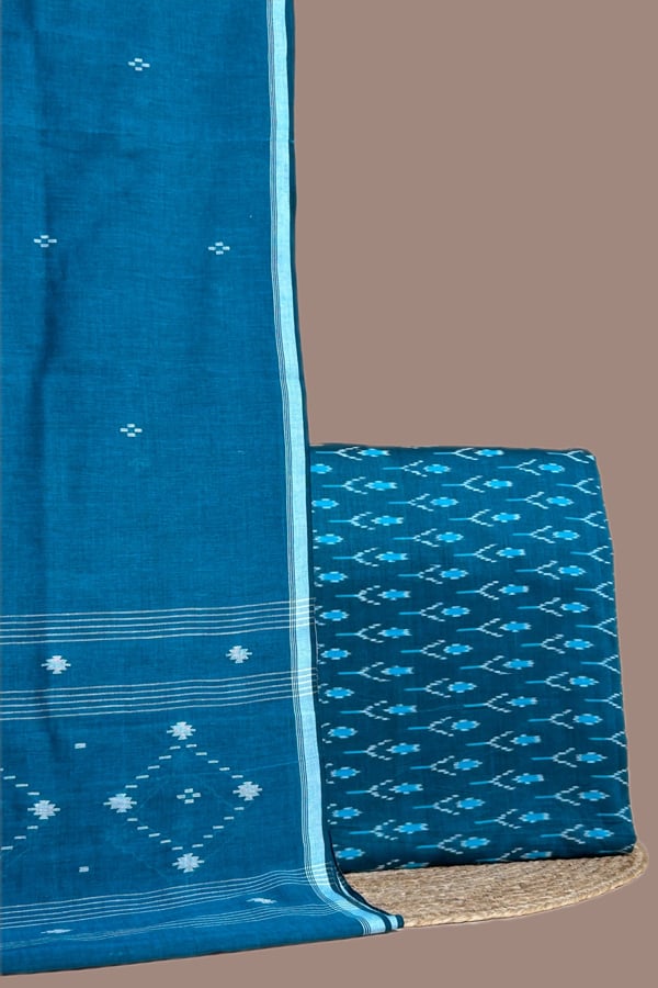 Blue - 2pc Handloom Cotton Dupatta and Handloom Ikkat Top Fabric Set Blue - 2pc Handloom Cotton Dupatta and Handloom Ikkat Top Fabric Set - Image 1