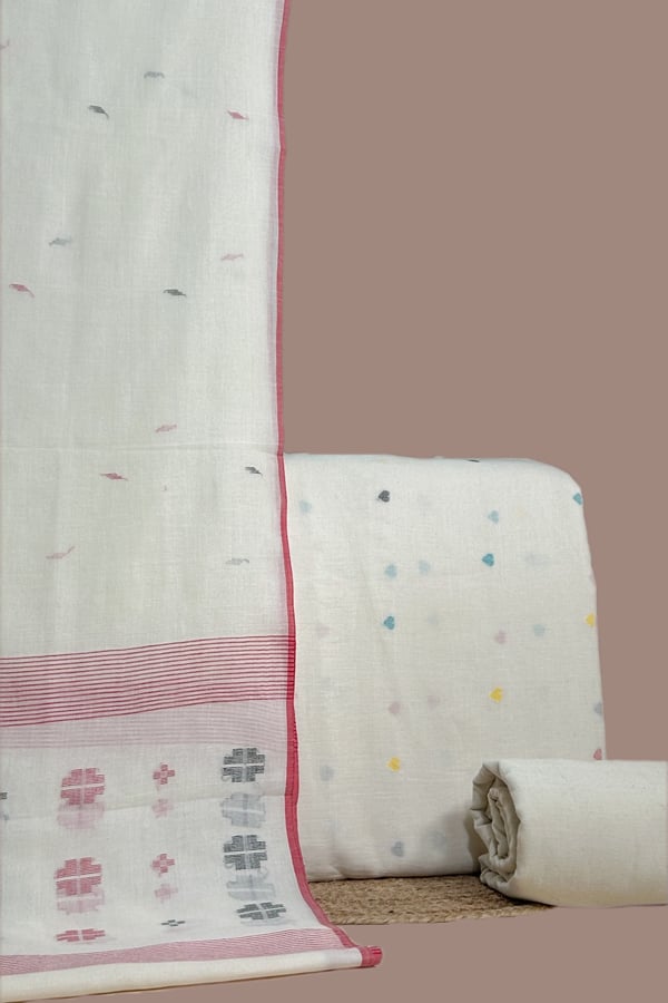 Beige - 3Pc Handloom Cotton Dupatta with Woven Motif Top & Handloom Soft Cotton Bottom Fabric Set Beige - 3Pc Handloom Cotton Dupatta with Woven Motif Top & Handloom Soft Cotton Bottom Fabric Set - Image 1