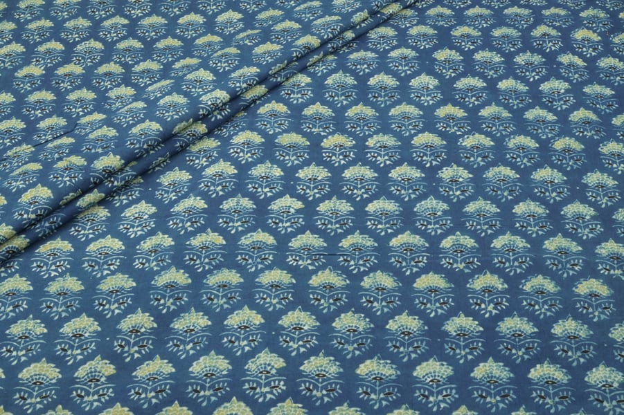 Natural Indigo Blue Handblock Ajrakh Printed Cotton Fabric Natural Indigo Blue Handblock Ajrakh Printed Cotton Fabric - Image 1