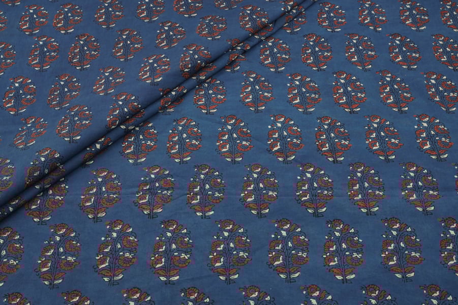 Natural Indigo Blue Handblock Ajrakh Printed Cotton Fabric Natural Indigo Blue Handblock Ajrakh Printed Cotton Fabric - Image 1