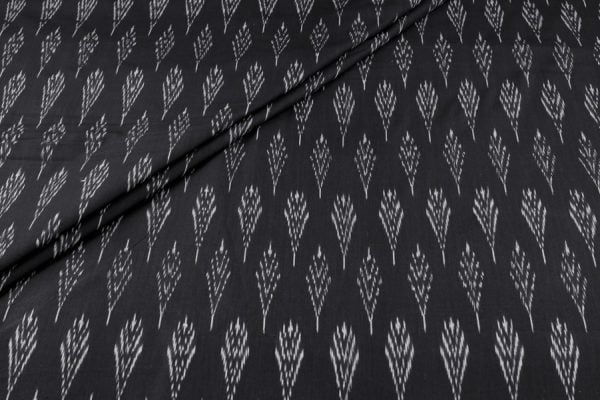 Pre-Cut 2m Natural Black Mercerised Fine Handloom Ikkat Tie-Dye Pure Soft Cotton Fabric