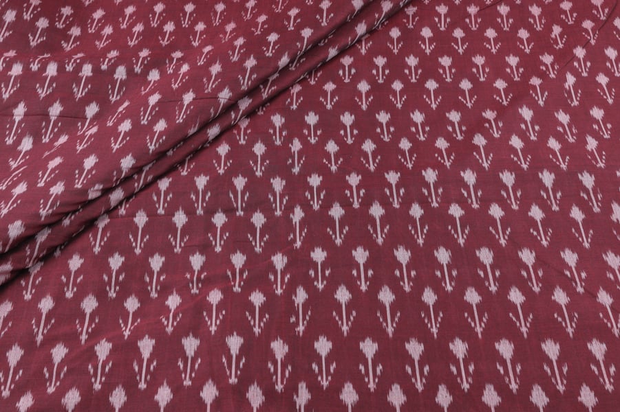 Brownish Red Mercerised Fine Handloom Ikkat Tie-Dye Pure Soft Cotton Fabric Brownish Red Mercerised Fine Handloom Ikkat Tie-Dye Pure Soft Cotton Fabric - Image 1