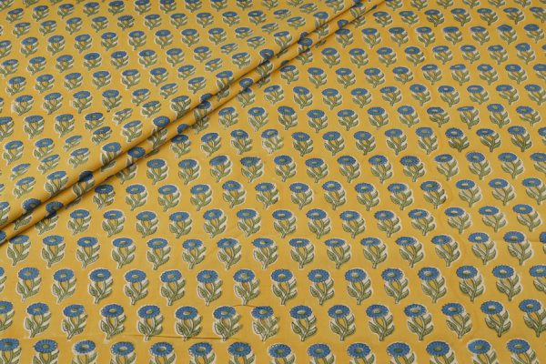 Pre-Cut 1.20m Gold Yellow Floral Handblock Printed 100% Pure Soft Cotton Fabric