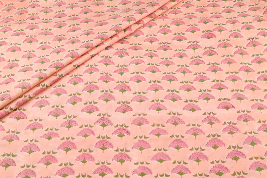 33312 (1) Light Salmon Orange Floral Handblock Printed 100% Pure Soft Cotton Fabric - Image 1