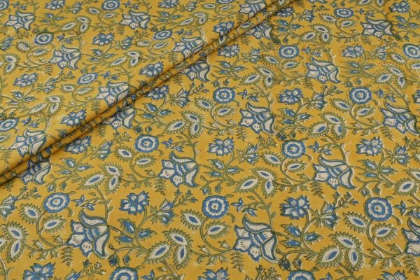 Pre-Cut 1.75m Gold Yellow Floral Handblock Printed 100% Pure Soft Cotton Fabric