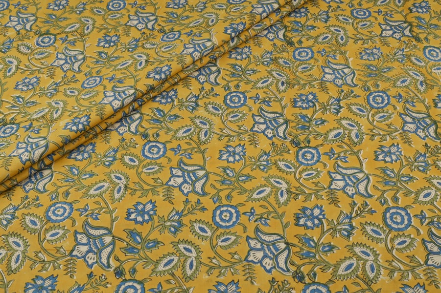 Gold Yellow Floral Handblock Printed 100% Pure Soft Cotton Fabric Gold Yellow Floral Handblock Printed 100% Pure Soft Cotton Fabric - Image 1