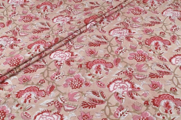 Warm Taupe Beige Floral Handblock Printed 100% Pure Soft Cotton Fabric