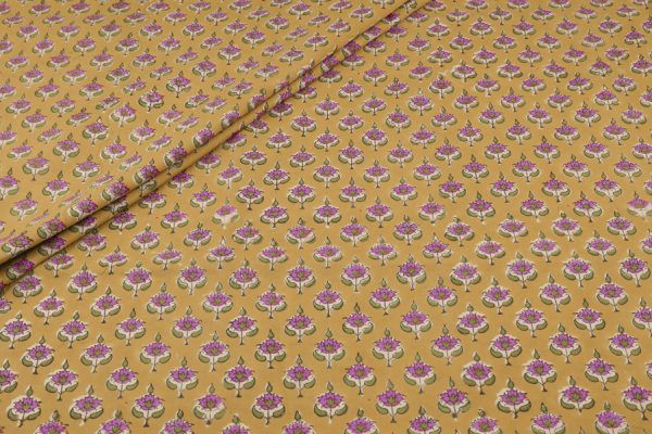 Pre-Cut 2m Dark Goldenrod Yellow Floral Handblock Printed 100% Pure Soft Cotton Fabric6.5