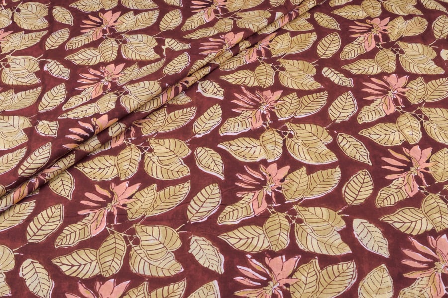 Brownish Red Floral Handblock Printed 100% Pure Soft Cotton Fabric Brownish Red Floral Handblock Printed 100% Pure Soft Cotton Fabric - Image 1