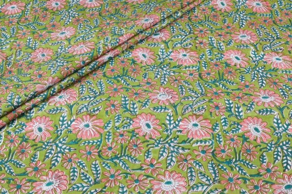 Yellowish Green Floral Handblock Printed 100% Pure Soft Cotton Fabric