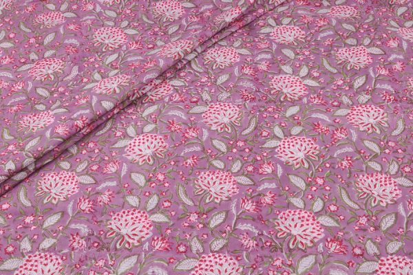 African Violet Floral Handblock Printed 100% Pure Soft Cotton Fabric