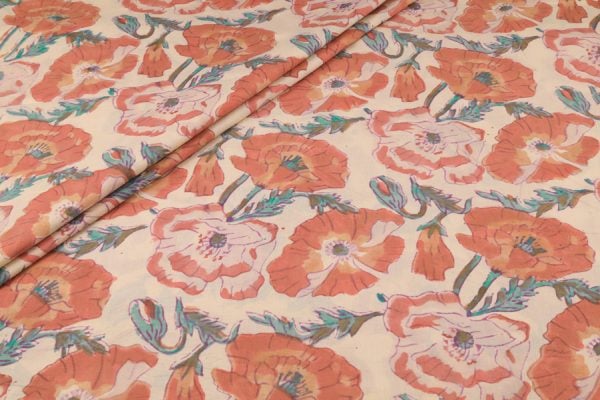 Warm Taupe Beige Floral Handblock Printed 100% Pure Soft Cotton Fabric