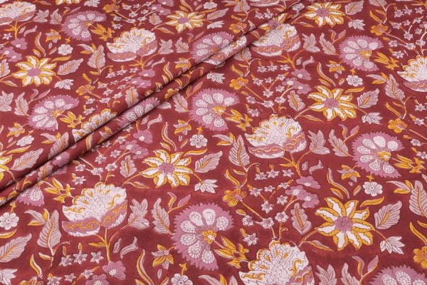 Ruby Red Floral Handblock Printed 100% Pure Soft Cotton Fabric