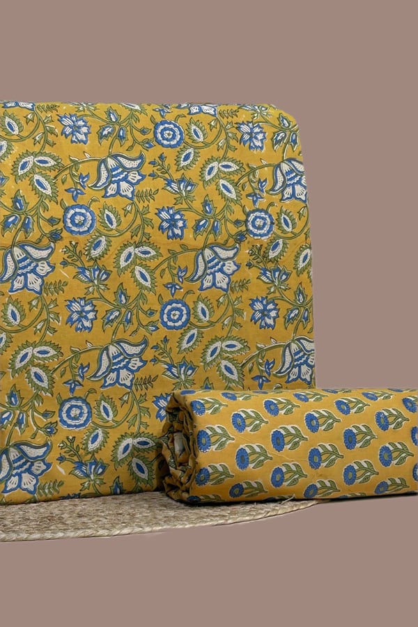 Yellow - 2pc Pure Soft Cotton Blockprinted Top and Bottom Fabric Set