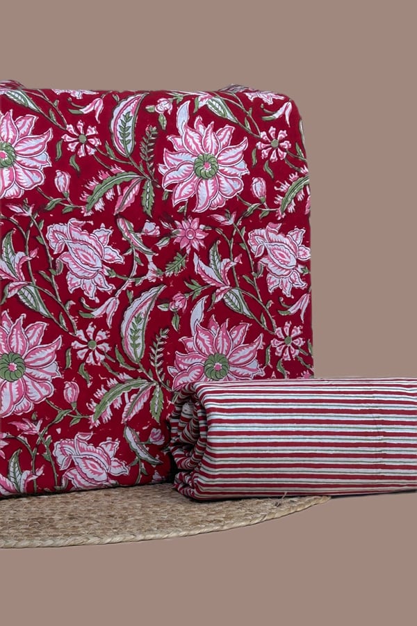 Red - 2pc Pure Soft Cotton Blockprinted Top and Bottom Fabric Set Red - 2pc Pure Soft Cotton Blockprinted Top and Bottom Fabric Set - Image 1