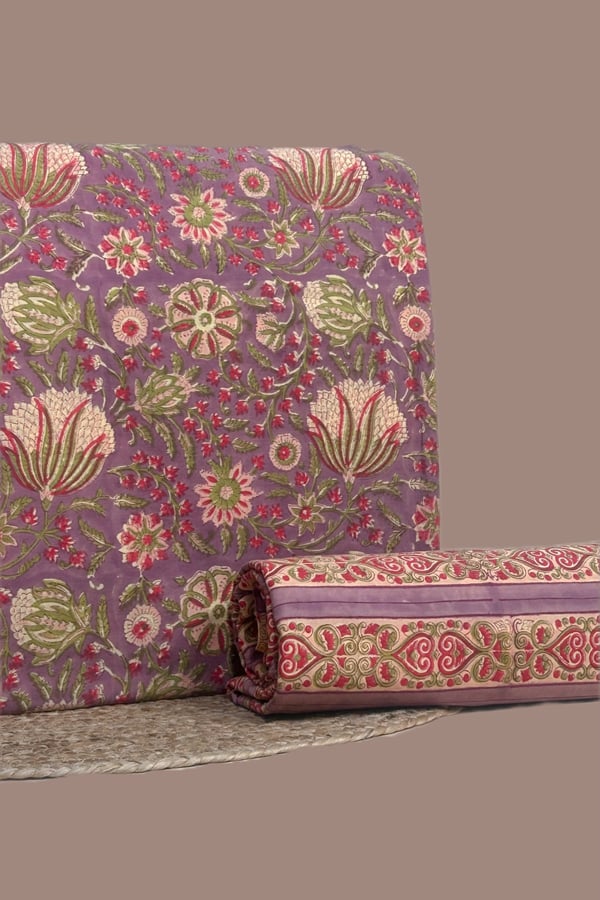 Purple - 2pc Pure Soft Cotton Blockprinted Top and Bottom Fabric Set Purple - 2pc Pure Soft Cotton Blockprinted Top and Bottom Fabric Set - Image 1