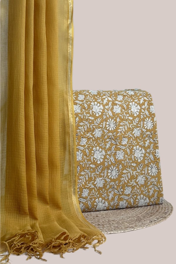 Yellow - 2pc Kota Doria Dupatta and Bagru HandBlock Pure Cotton Set Yellow - 2pc Kota Doria Dupatta and Bagru HandBlock Pure Cotton Set - Image 1
