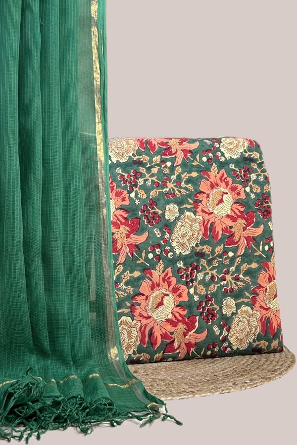 Green - 2pc Kota Doria Dupatta and Pure Soft Cotton Blockprint Top Fabric Set Green - 2pc Kota Doria Dupatta and Pure Soft Cotton Blockprint Top Fabric Set - Image 1
