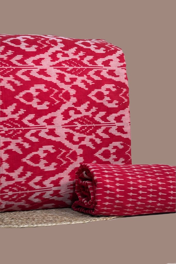 Red - 2pc Hand Tie-Dye Ikkat Top and Soft Ikkat Cotton Bottom Fabric Set Red - 2pc Hand Tie-Dye Ikkat Top and Soft Ikkat Cotton Bottom Fabric Set - Image 1