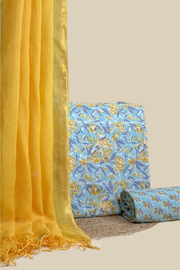 Blue - 3pc Kota Doria Dupatta with Blockprint Soft Cotton Top & Bottom Set Blue - 3pc Kota Doria Dupatta with Blockprint Soft Cotton Top & Bottom Set - Image 1