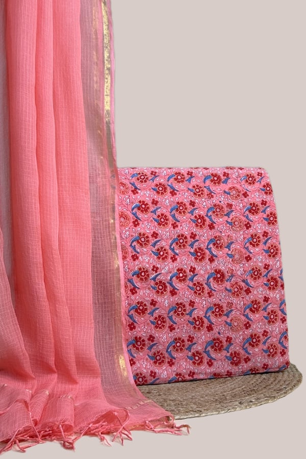 Pink - 2pc Kota Doria Dupatta and Pure Soft Cotton Blockprint Top Fabric Set Pink - 2pc Kota Doria Dupatta and Pure Soft Cotton Blockprint Top Fabric Set - Image 1