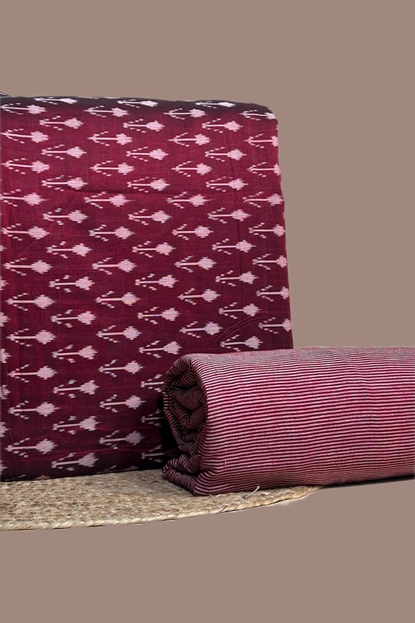 Maroon - 2pc HandCrafted Ikkat Top and Handloom Stripes Soft Cotton Bottom Fabric Set