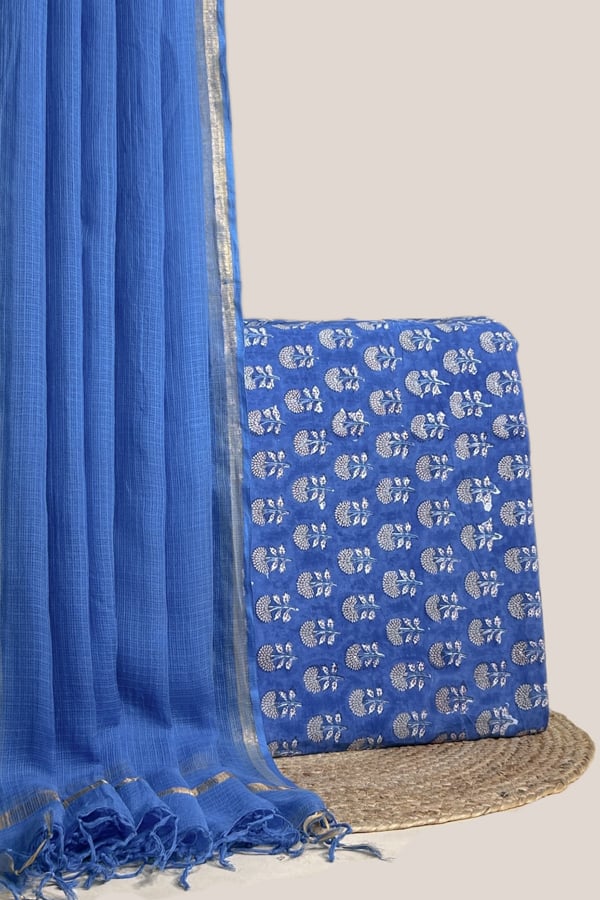 Blue - 2pc Kota Doria Dupatta and Pure Soft Cotton Blockprint Top Fabric Set