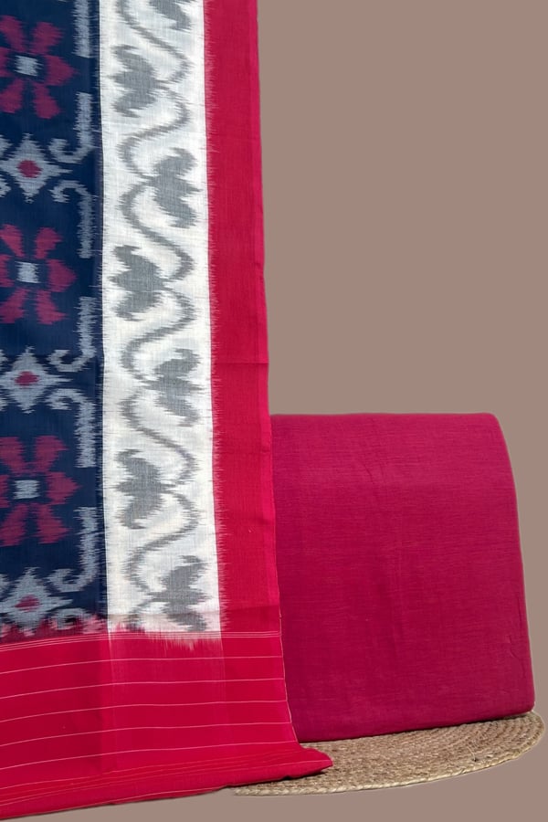 Pink - 2pc Ikkat Cotton Dupatta and Handloom Soft Cotton Top Fabric Set Pink - 2pc Ikkat Cotton Dupatta and Handloom Soft Cotton Top Fabric Set - Image 1