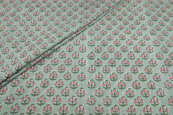 Muted Teal Green Pure Soft Cotton HandBlock Printed Fabric