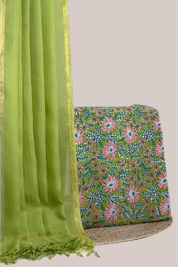 Green - 2pc Kota Doria Dupatta and Pure Soft Cotton Blockprint Top Fabric Set Green - 2pc Kota Doria Dupatta and Pure Soft Cotton Blockprint Top Fabric Set - Image 1